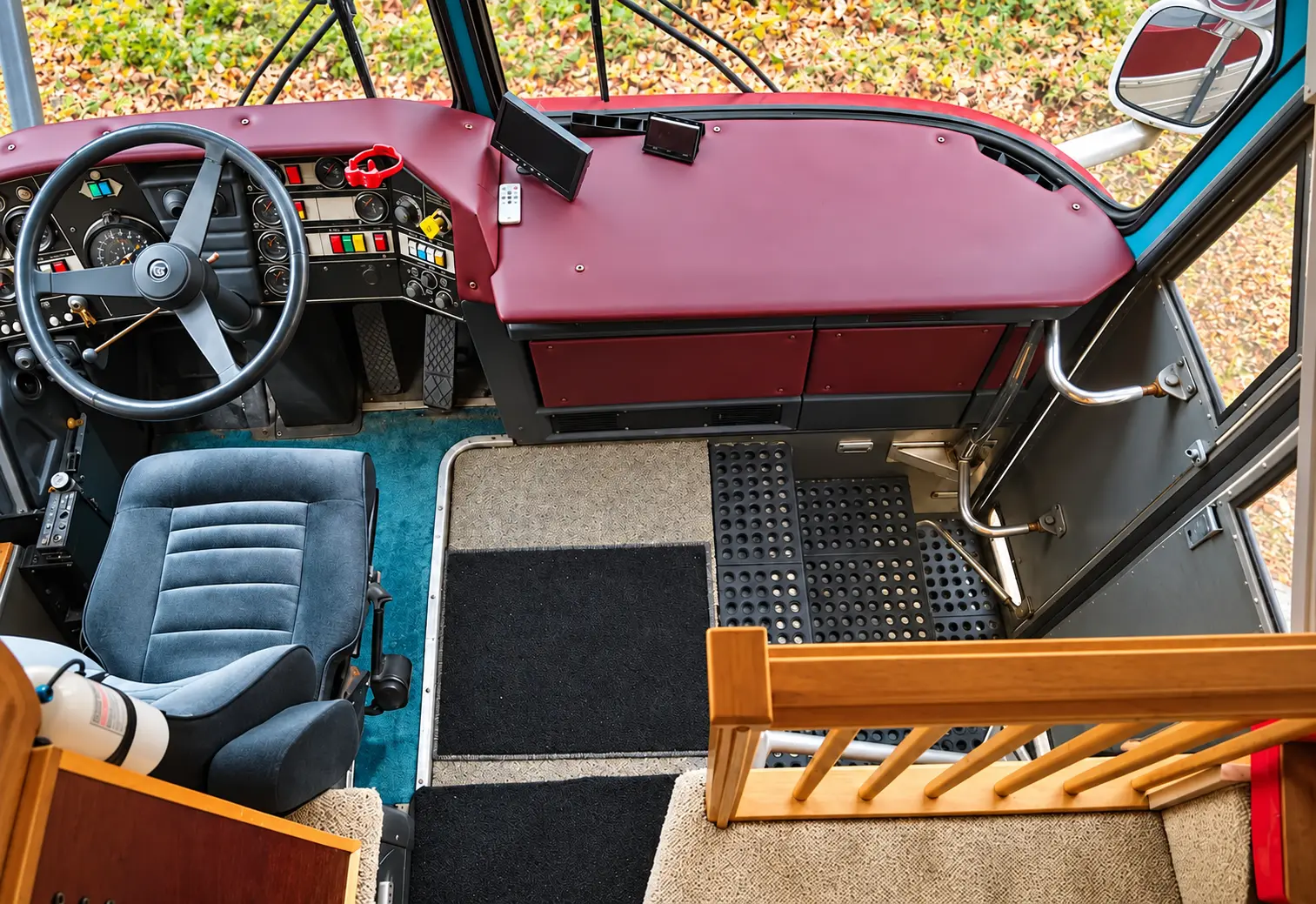 Driver cockpit and dashboard of the vintage Eagle tour bus