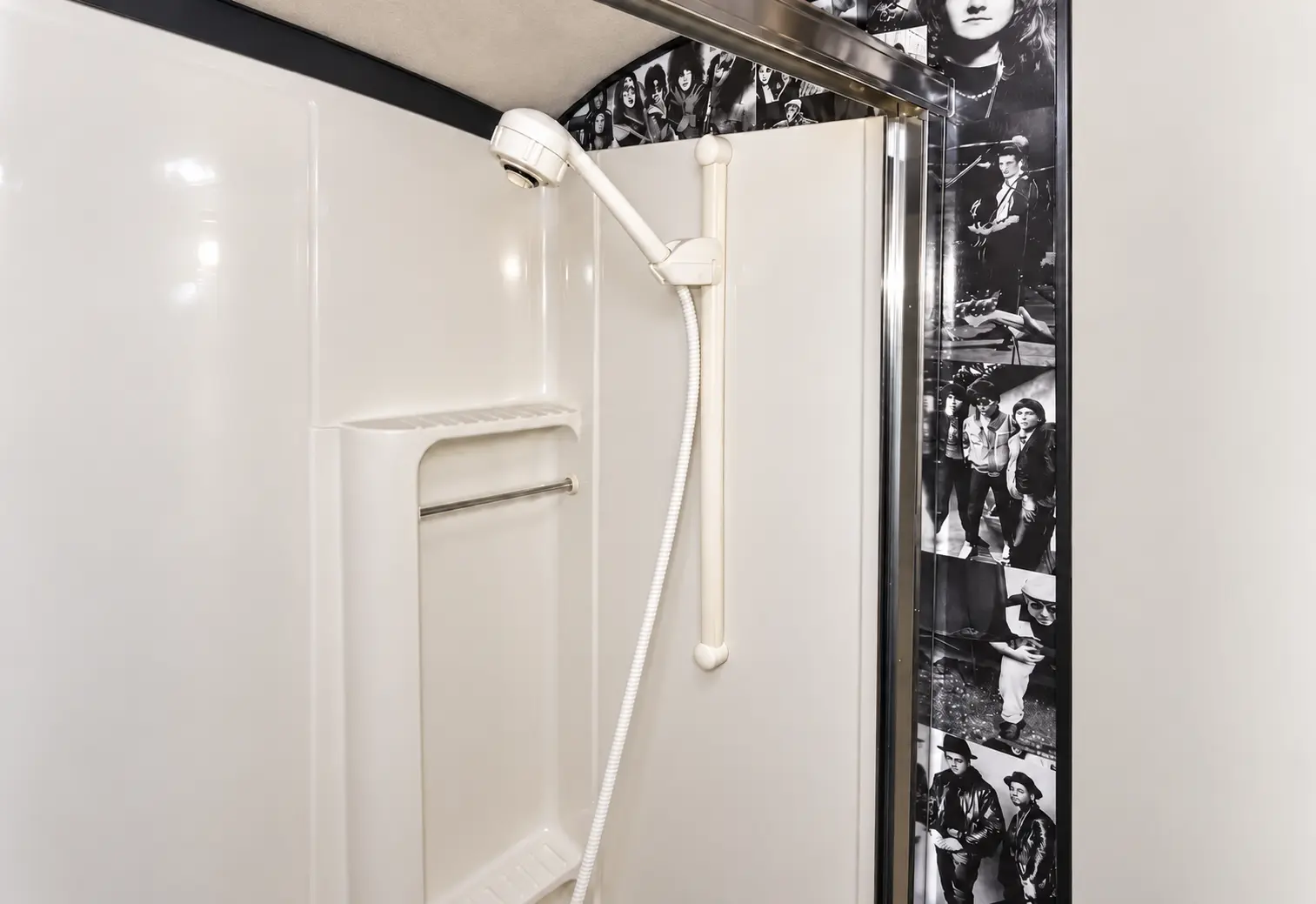 Full tour bus bathroom with enclosed shower