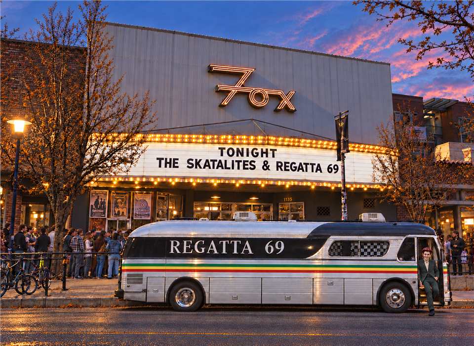 The original Regatta 69 bus placed outside the Fox Theatre at dusk