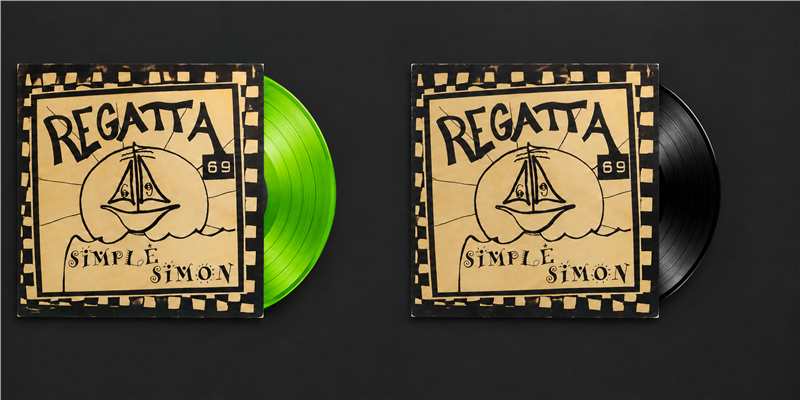 Simple Simon 7-inch editions: neon green vinyl and black vinyl partially pulled from their enhanced original sleeves